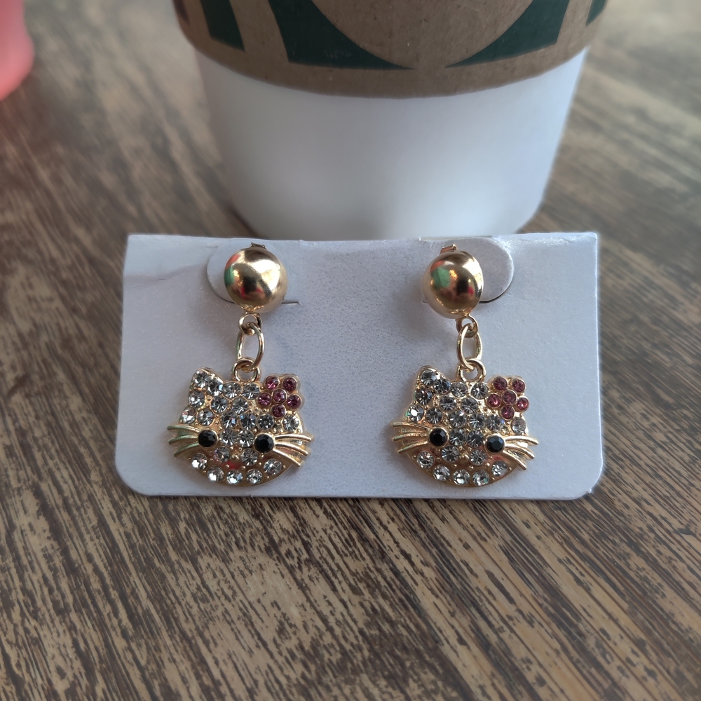 Gold Cat Face Earrings with Rhinestones - Picture 3 of 3